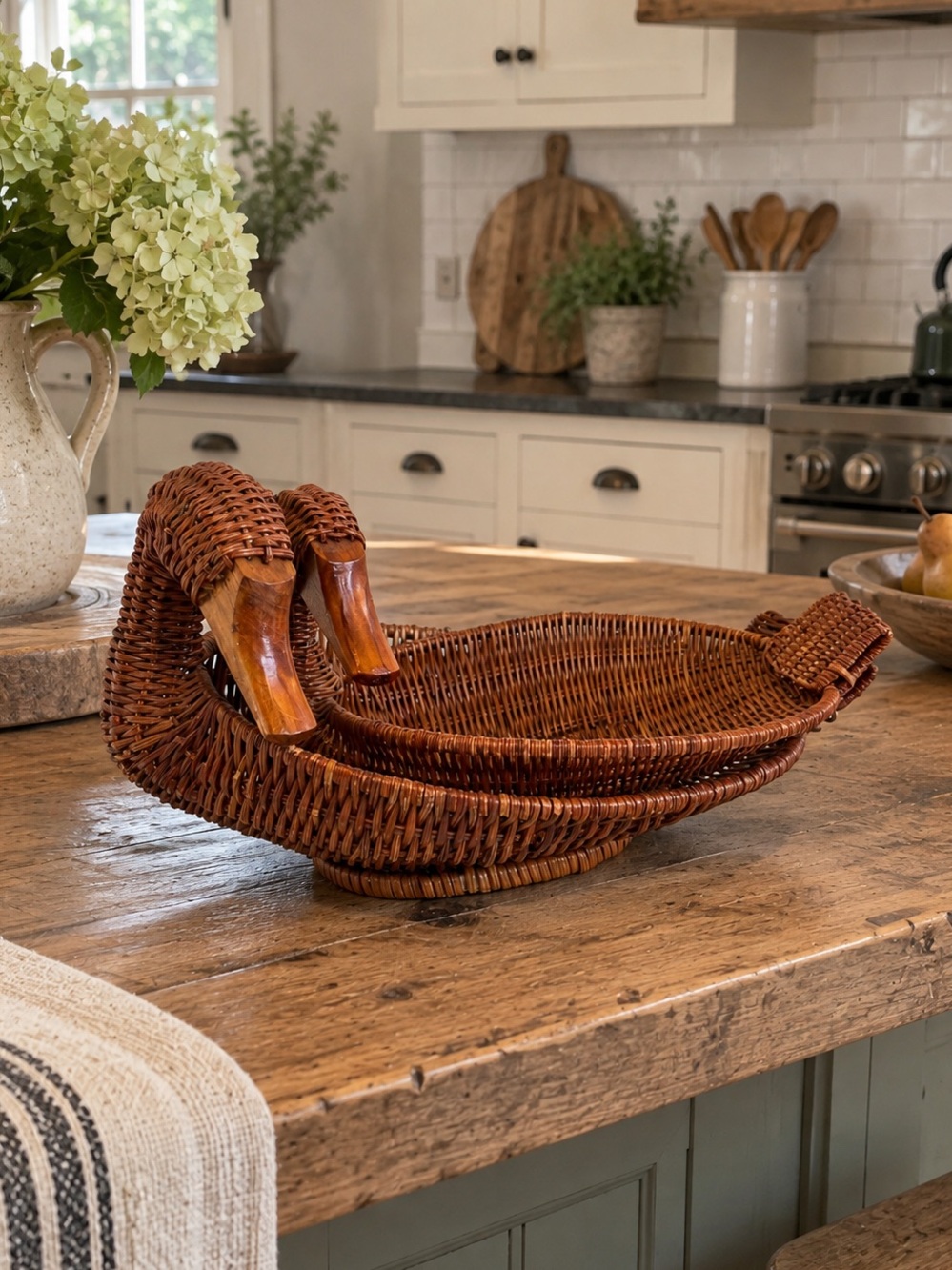 Vintage 1990s 90s Wicker Rattan Duck Baskets Kitchen Boho Cottagecore Farmhouse